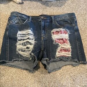 Rock & Republic Dark Denim Shorts with Red and Black Patches